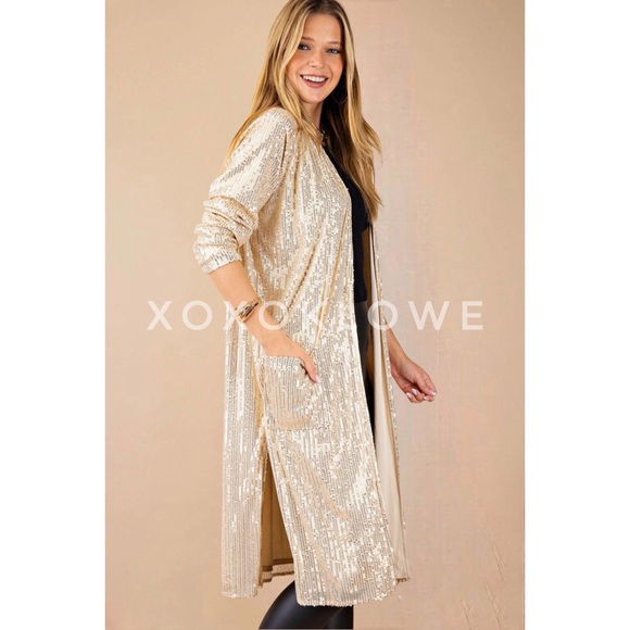 Gold Open Front SEQUIN Duster Long Fully Lined - Picture 4 of 13
